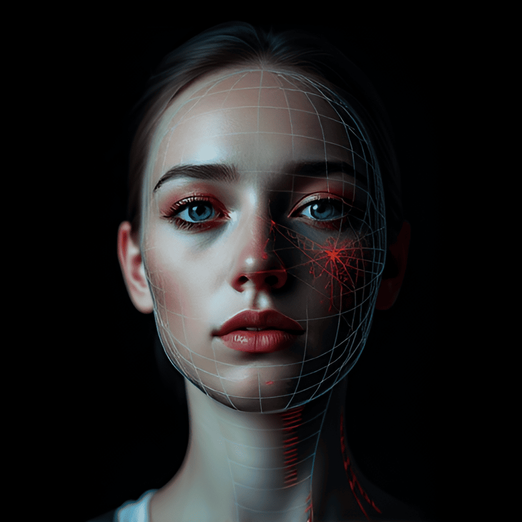 Graphical depiction of facial analysis and wearable monitoring technologies being used to detect signs of anxiety and depression